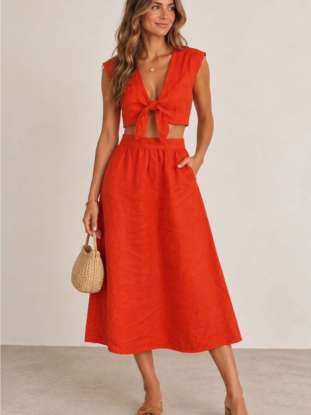 Reformation Orange Linen Tencel Tie Front Crop Top Midi Skirt Set Size 2